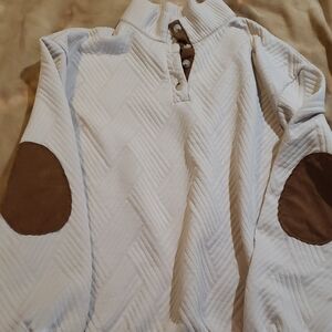 White Quilted Pullover with Brown Elbow Patches